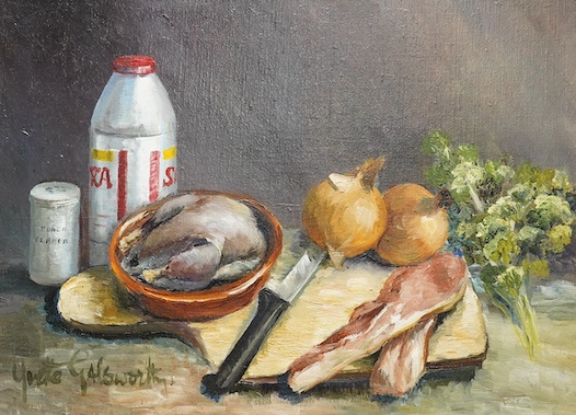 Yvette Galsworthy (20th. C), pair of oils on canvas, Still lifes, comprising 'Pigeon pie' and one other, each signed, 28 x 39cm. Condition - good